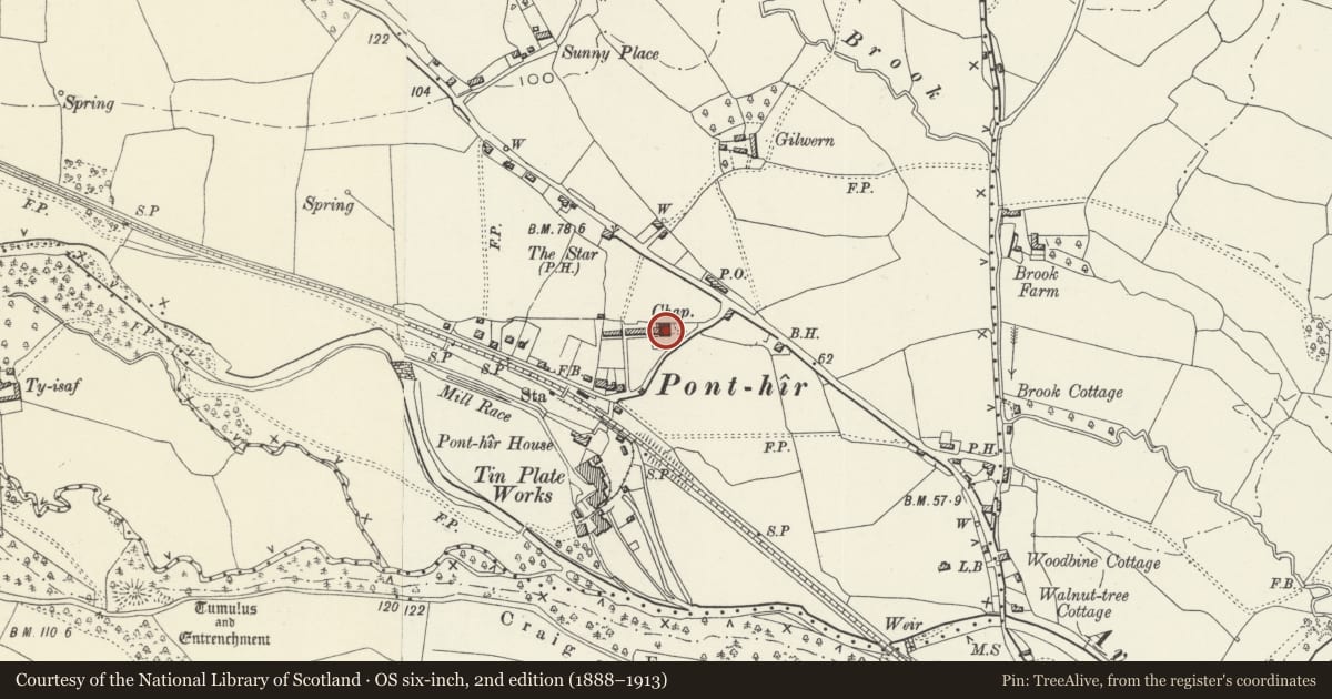 Ordnance Survey six-inch map, 2nd edition (1888–1913) covering the location of Zion Baptist Chapel, Ponthir, Torfaen, with a pin at the register's coordinates