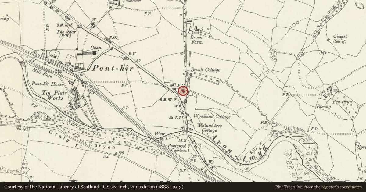 Ordnance Survey six-inch map, 2nd edition (1888–1913) covering the location of Ponthir House Inn, Torfaen, with a pin at the register's coordinates