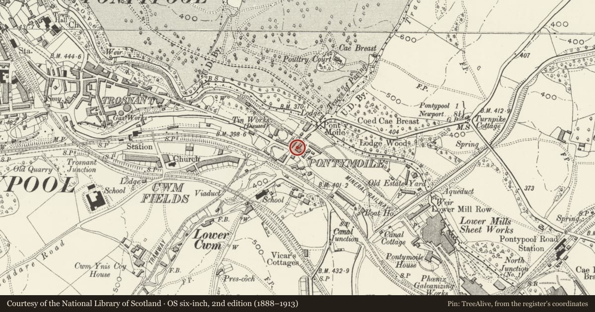 Ordnance Survey six-inch map, 2nd edition (1888–1913) covering the location of The Old Truck House, Pontymoile, Torfaen, with a pin at the register's coordinates