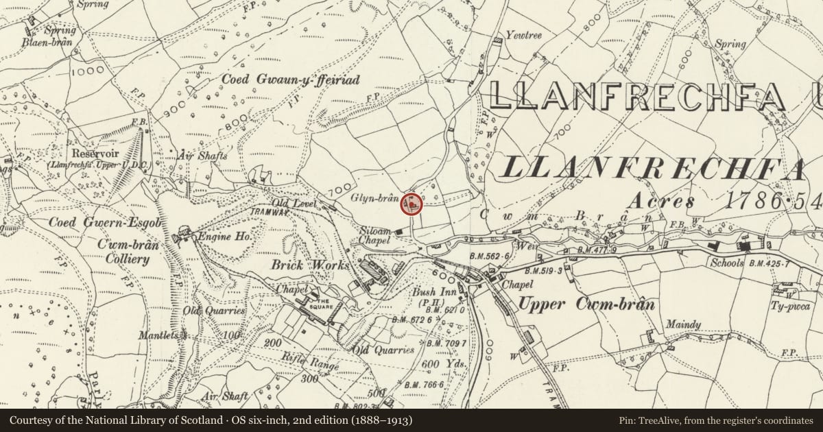 Ordnance Survey six-inch map, 2nd edition (1888–1913) covering the location of Glyn Bran Farmhouse, Upper Cwmbran, Torfaen, with a pin at the register's coordinates