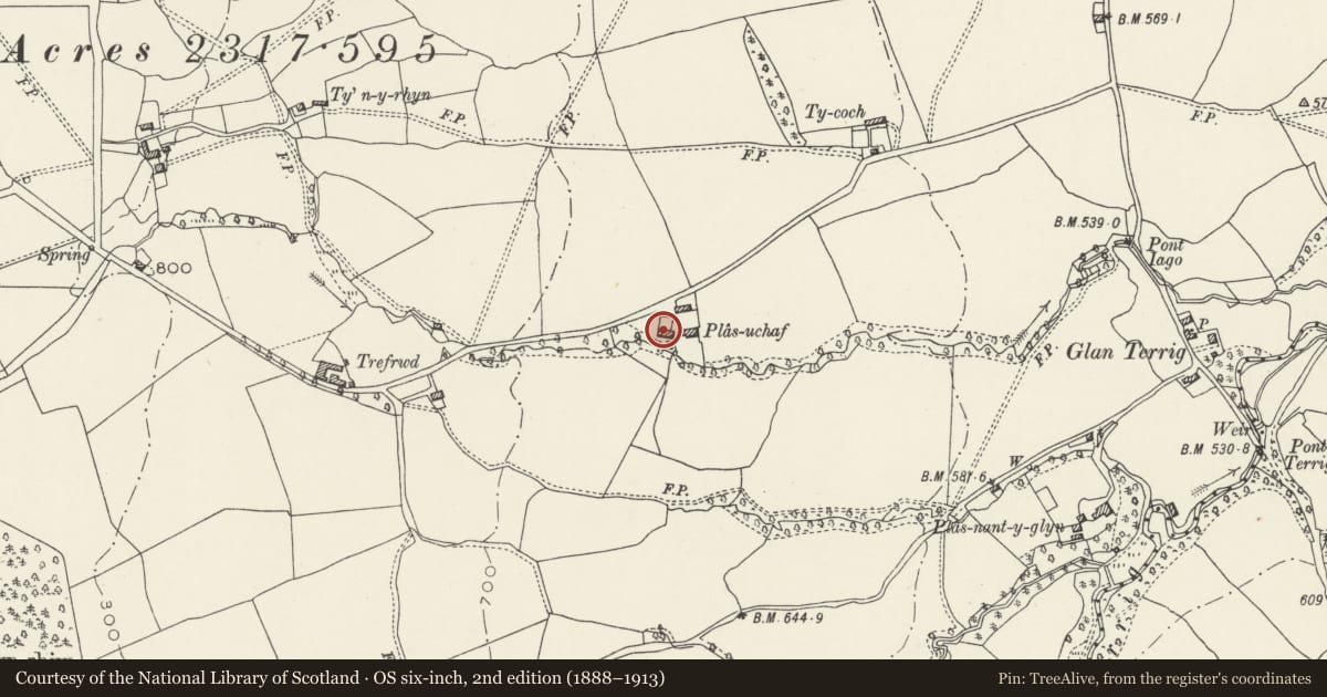 Ordnance Survey six-inch map, 2nd edition (1888–1913) covering the location of Plas Ucha Farmhouse, Nercwys, Flintshire, with a pin at the register's coordinates