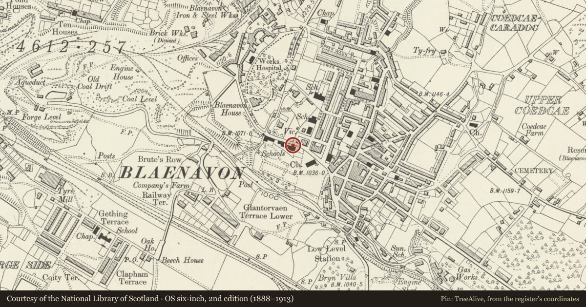 Ordnance Survey six-inch map, 2nd edition (1888–1913) covering the location of Former St Peter's School (Original School), Blaenavon, Torfaen, with a pin at the register's coordinates