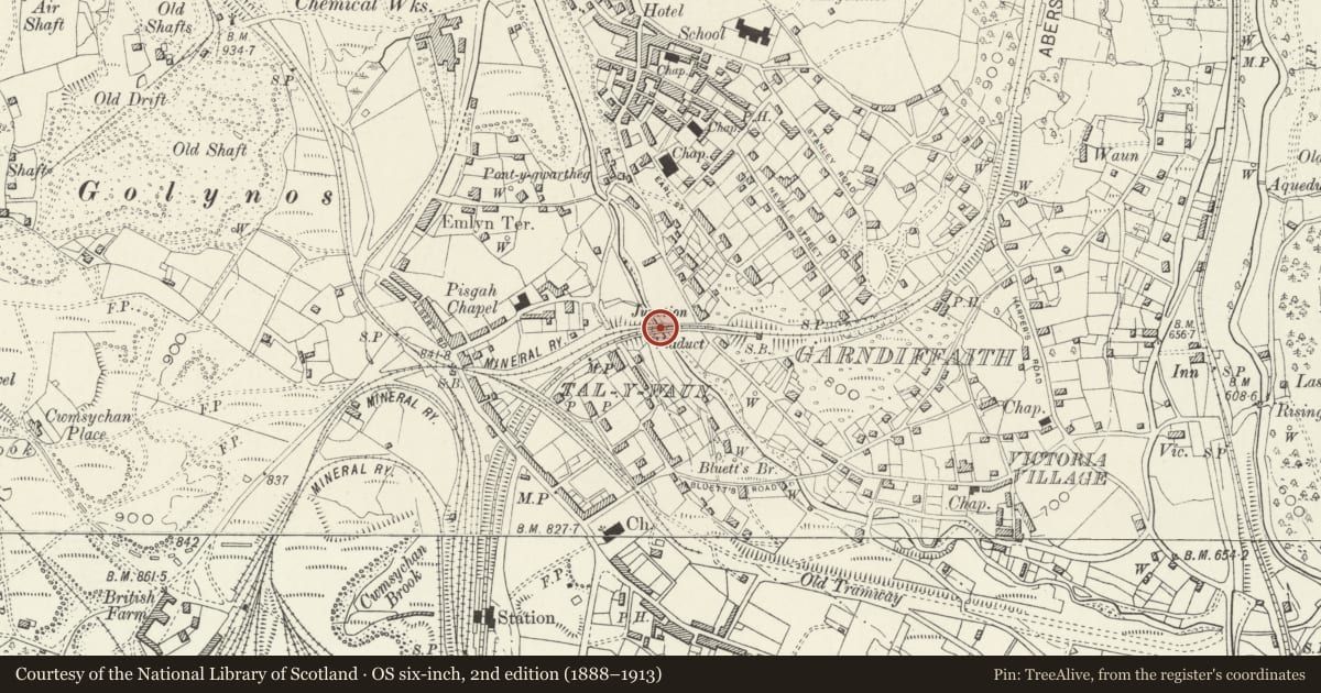 Ordnance Survey six-inch map, 2nd edition (1888–1913) covering the location of Garndiffaith Railway Viaduct, Abersychan, Torfaen, with a pin at the register's coordinates
