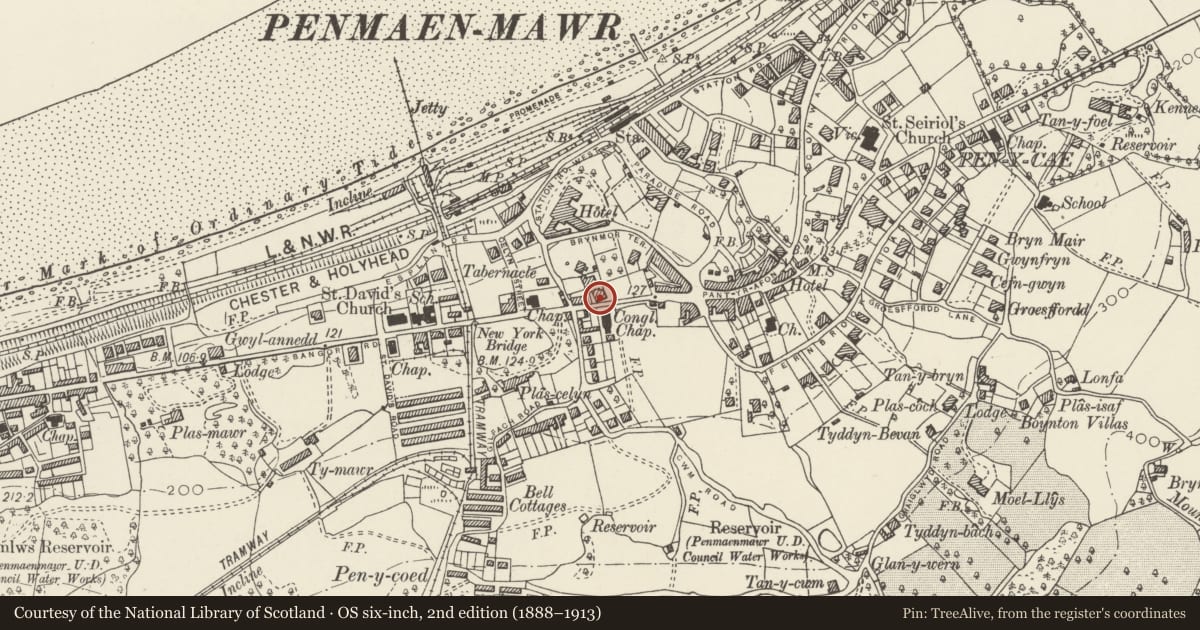 Ordnance Survey six-inch map, 2nd edition (1888–1913) covering the location of Brynmor, Penmaenmawr, Conwy, with a pin at the register's coordinates