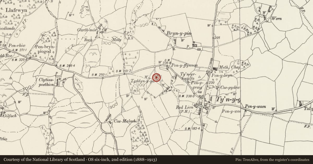 Ordnance Survey six-inch map, 2nd edition (1888–1913) covering the location of Tyddyn-y-Pwll, Caerhun, Conwy, with a pin at the register's coordinates