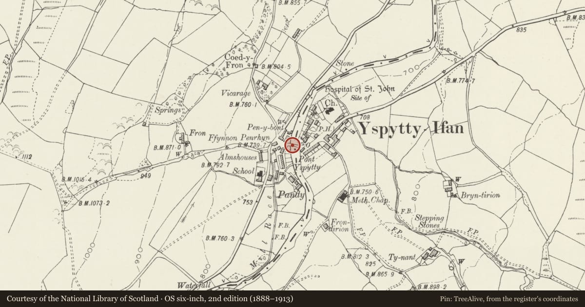 Ordnance Survey six-inch map, 2nd edition (1888–1913) covering the location of Pont Ysbyty Ifan, Conwy, with a pin at the register's coordinates