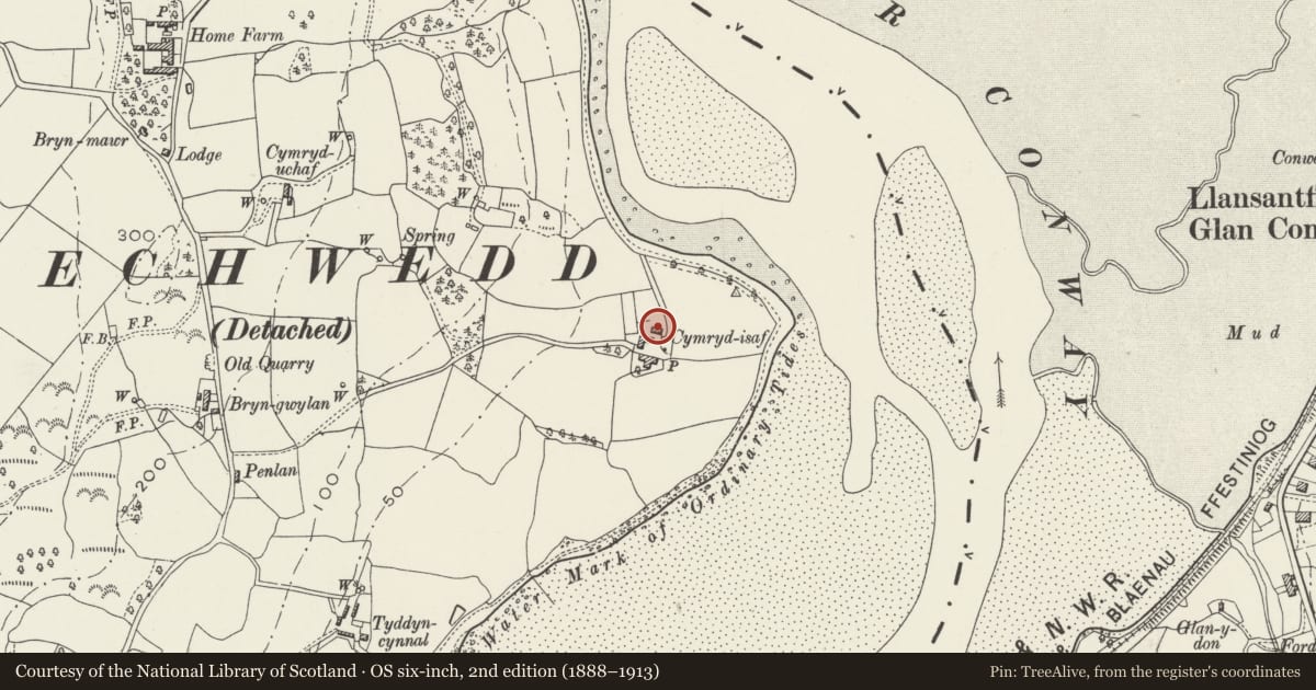 Ordnance Survey six-inch map, 2nd edition (1888–1913) covering the location of Cymryd, Henryd, Conwy, with a pin at the register's coordinates