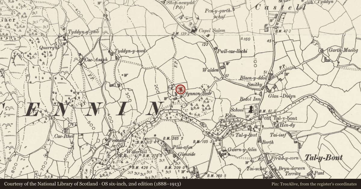 Ordnance Survey six-inch map, 2nd edition (1888–1913) covering the location of Ffynnon-Bedr Cottage, Caerhun, Conwy, with a pin at the register's coordinates
