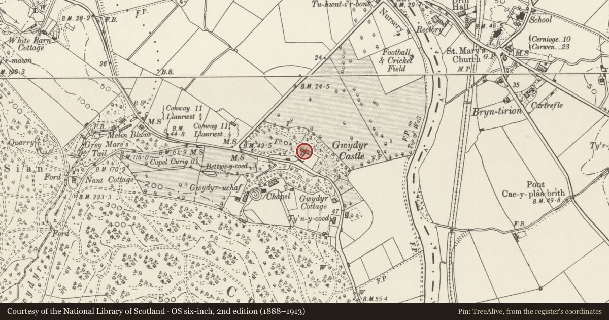Ordnance Survey six-inch map, 2nd edition (1888–1913) covering the location of Gwydir Castle (including gatehouse), Trefriw, Conwy, with a pin at the register's coordinates