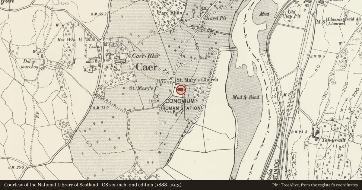 Ordnance Survey six-inch map, 2nd edition (1888–1913) covering the location of Parish Church of St Mary, Caerhun, Conwy, with a pin at the register's coordinates
