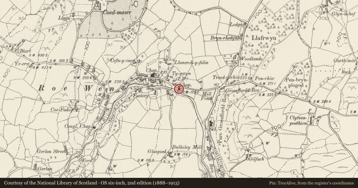 Ordnance Survey six-inch map, 2nd edition (1888–1913) covering the location of Bwthyn Rhyd, Caerhun, Conwy, with a pin at the register's coordinates