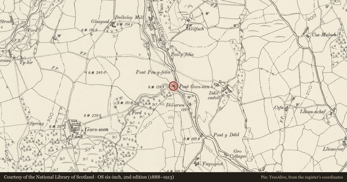 Ordnance Survey six-inch map, 2nd edition (1888–1913) covering the location of Pont Gorswen, Caerhun, Conwy, with a pin at the register's coordinates
