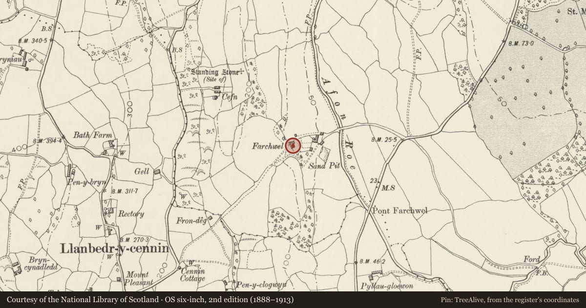 Ordnance Survey six-inch map, 2nd edition (1888–1913) covering the location of Farchwel, Caerhun, Conwy, with a pin at the register's coordinates
