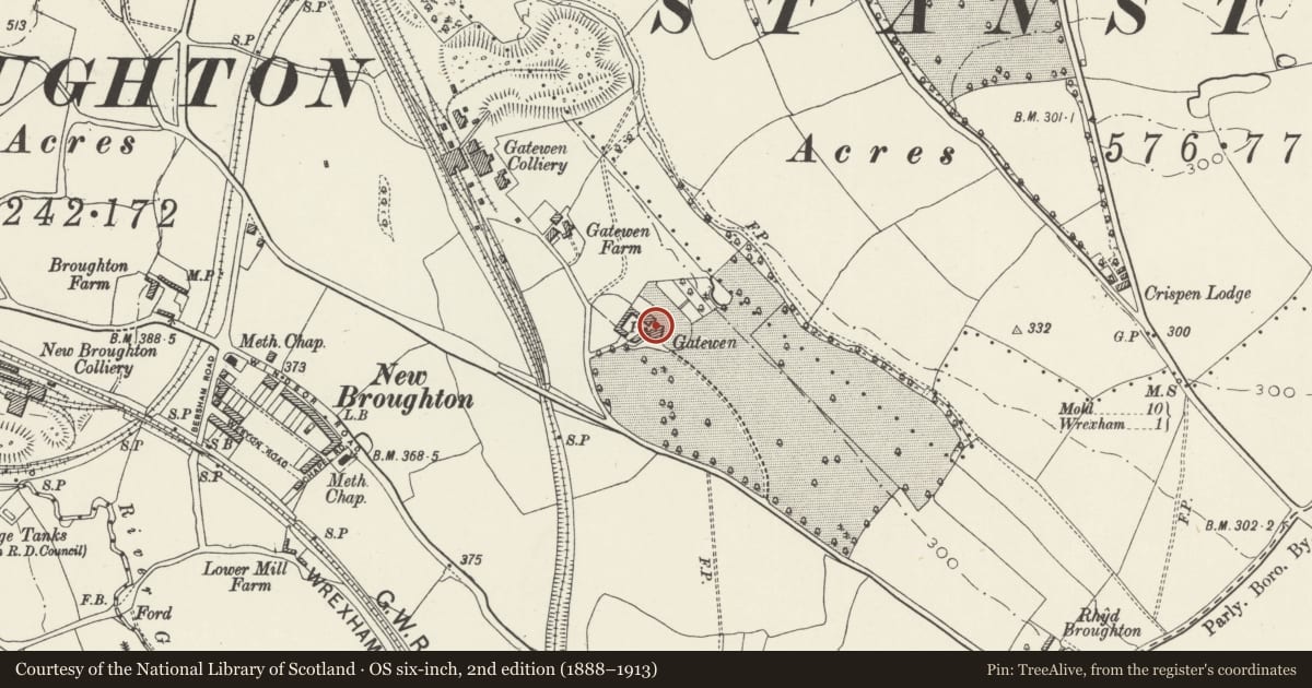 Ordnance Survey six-inch map, 2nd edition (1888–1913) covering the location of Gatewen Hall, Broughton, Wrexham, with a pin at the register's coordinates