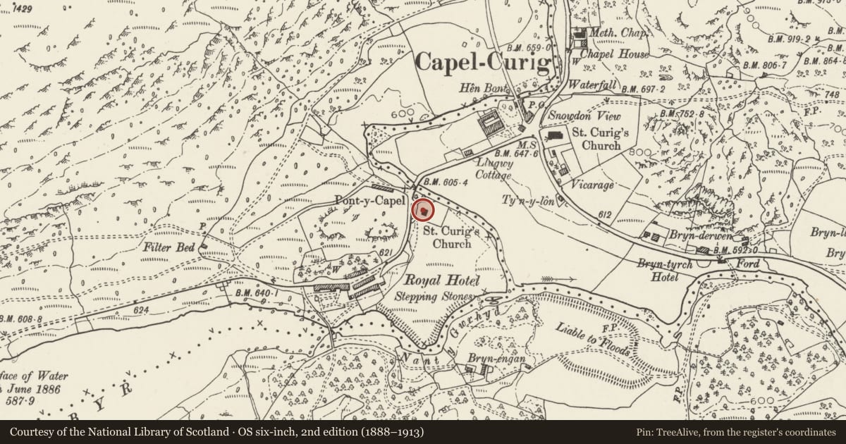 Ordnance Survey six-inch map, 2nd edition (1888–1913) covering the location of Church of St Curig, Capel Curig, Conwy, with a pin at the register's coordinates