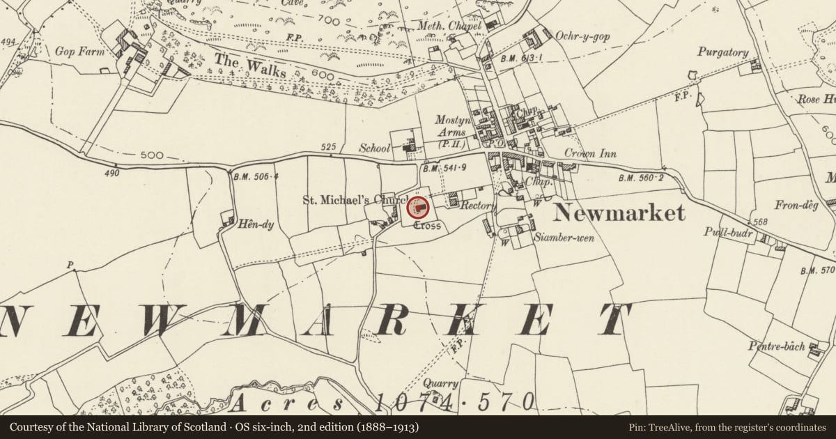 Ordnance Survey six-inch map, 2nd edition (1888–1913) covering the location of Sundial in churchyard of the Church of St Michael & All Angels, Trelawnyd and Gwaenysgor, Flintshire, with a pin at the register's coordinates