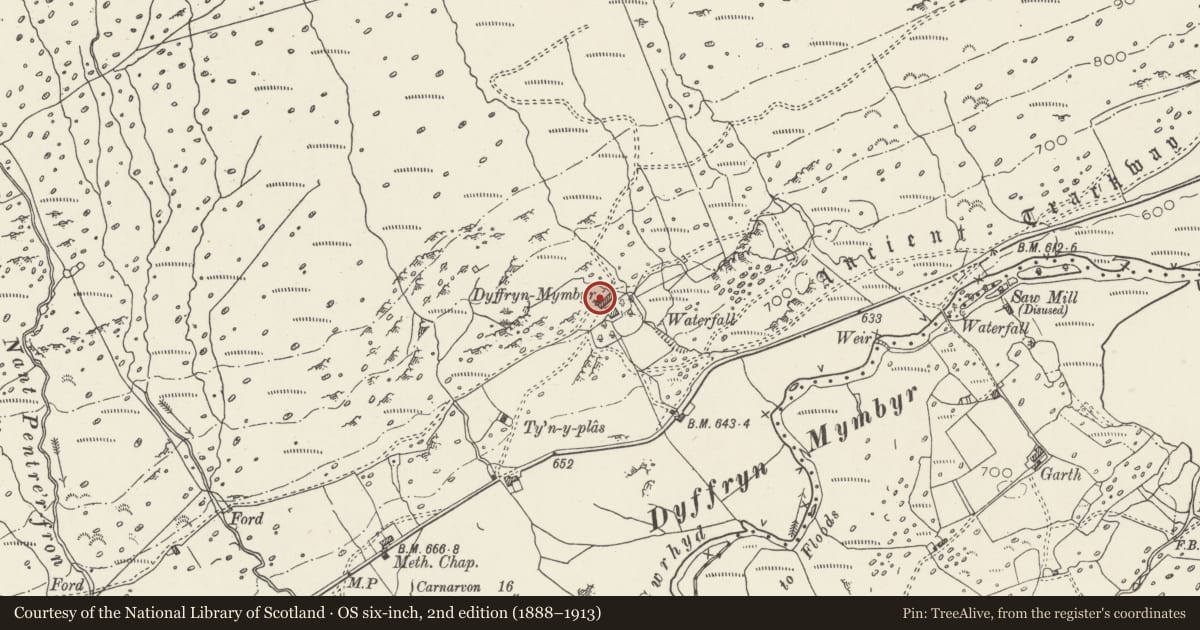 Ordnance Survey six-inch map, 2nd edition (1888–1913) covering the location of Dyffryn Mymbyr, Capel Curig, Conwy, with a pin at the register's coordinates