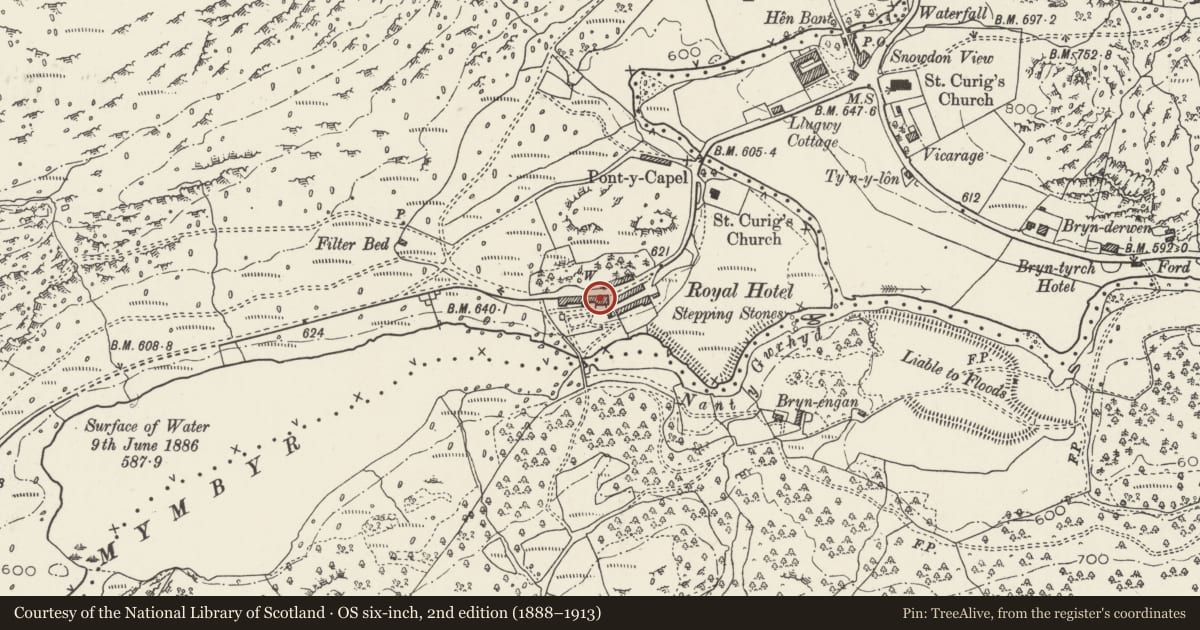 Ordnance Survey six-inch map, 2nd edition (1888–1913) covering the location of Plas-y-Brenin, National Recreation Centre (formerly the Royal Hotel)., Capel Curig, Conwy, with a pin at the register's coordinates