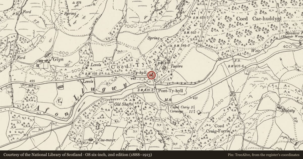 Ordnance Survey six-inch map, 2nd edition (1888–1913) covering the location of Ty-Hyll (The Ugly House), Capel Curig, Conwy, with a pin at the register's coordinates