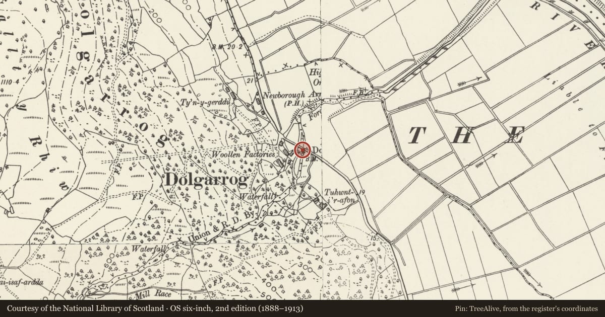 Ordnance Survey six-inch map, 2nd edition (1888–1913) covering the location of Pont Dolgarrog, Conwy, with a pin at the register's coordinates