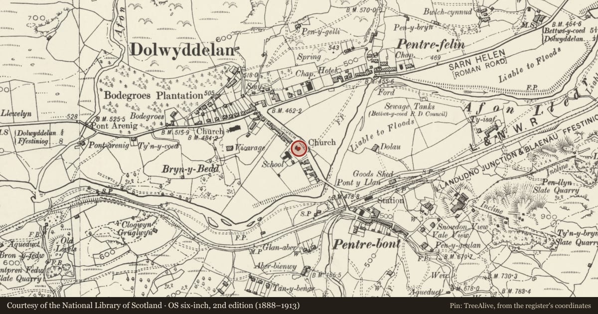Ordnance Survey six-inch map, 2nd edition (1888–1913) covering the location of Church of St. Gwyddelan, Dolwyddelan, Conwy, with a pin at the register's coordinates
