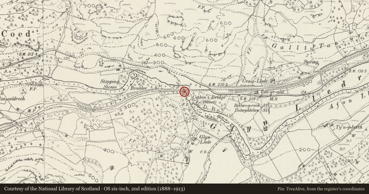 Ordnance Survey six-inch map, 2nd edition (1888–1913) covering the location of Pont Gethin, Dolwyddelan, Conwy, with a pin at the register's coordinates