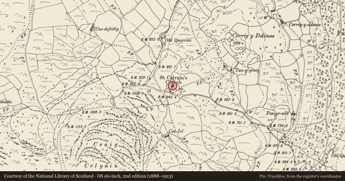 Ordnance Survey six-inch map, 2nd edition (1888–1913) covering the location of St Celynin's Old Church, Henryd, Conwy, with a pin at the register's coordinates