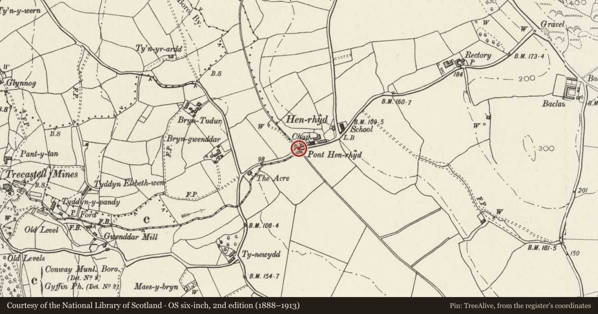 Ordnance Survey six-inch map, 2nd edition (1888–1913) covering the location of Pont Henryd, Conwy, with a pin at the register's coordinates