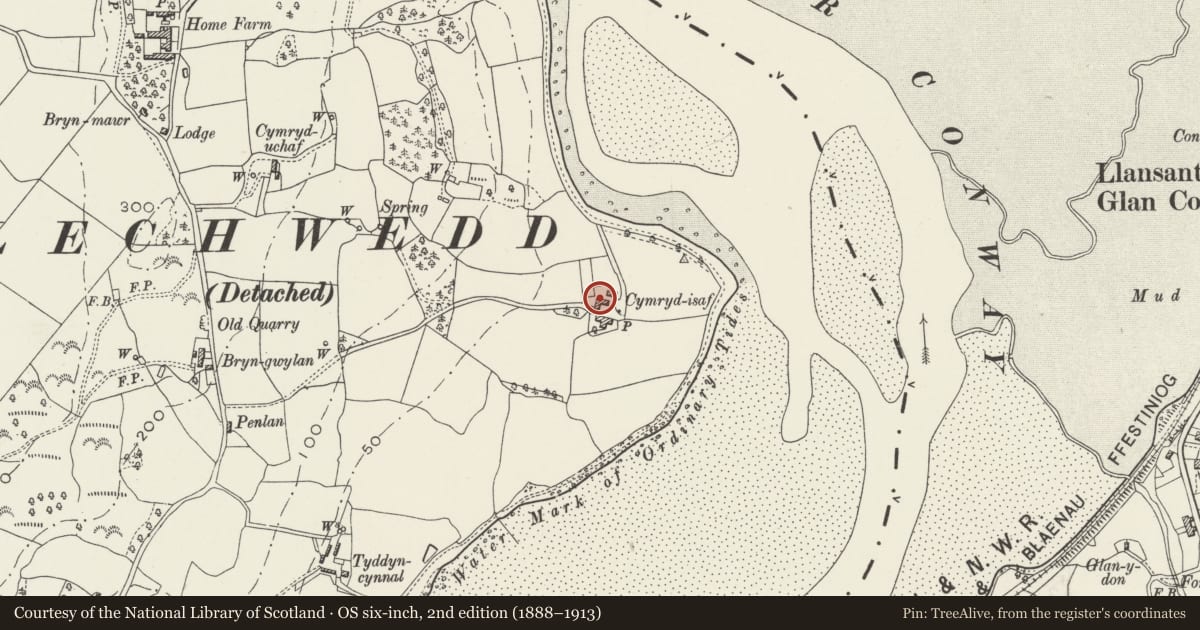 Ordnance Survey six-inch map, 2nd edition (1888–1913) covering the location of L-shaped Stable Range at Cymryd, Henryd, Conwy, with a pin at the register's coordinates