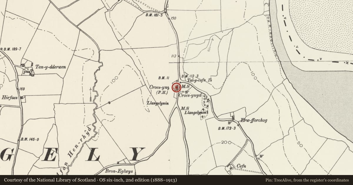 Ordnance Survey six-inch map, 2nd edition (1888–1913) covering the location of The Groes Inn, Henryd, Conwy, with a pin at the register's coordinates