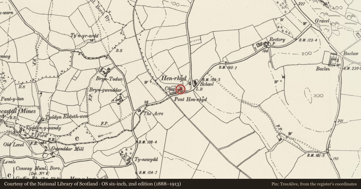 Ordnance Survey six-inch map, 2nd edition (1888–1913) covering the location of Henryd Farmhouse, Conwy, with a pin at the register's coordinates