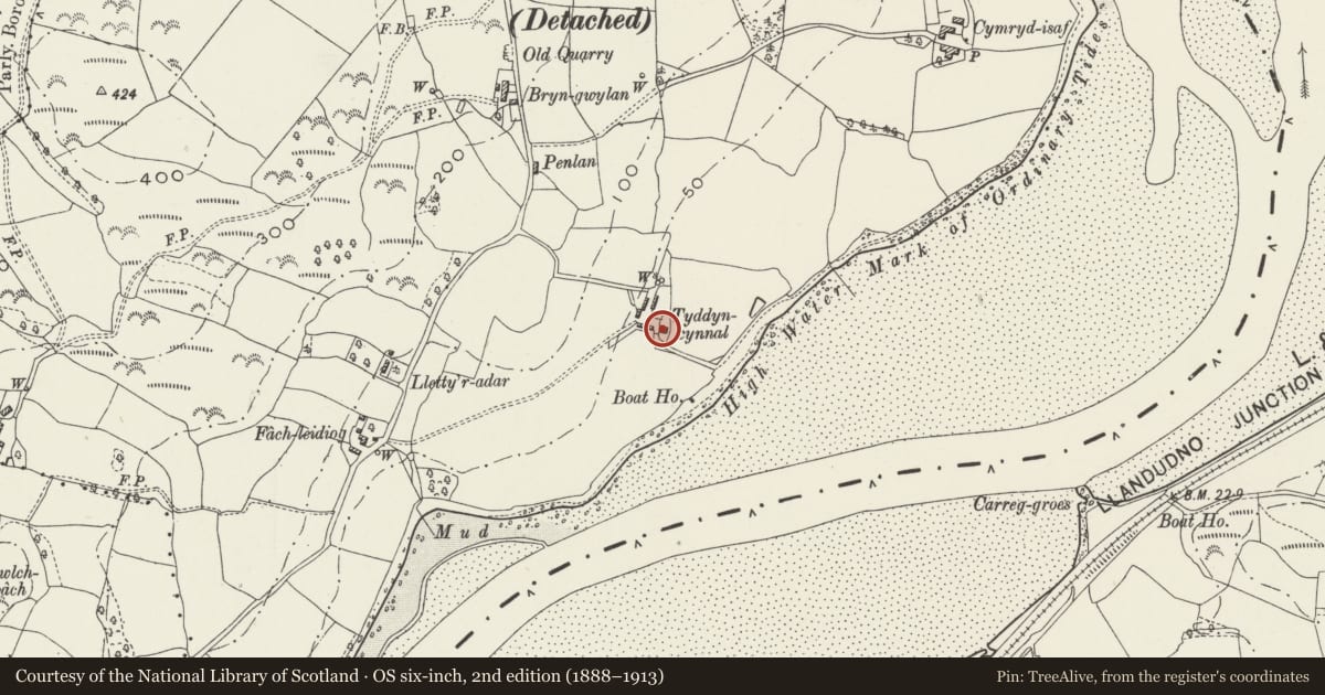 Ordnance Survey six-inch map, 2nd edition (1888–1913) covering the location of Tyddyn-Cynal, Henryd, Conwy, with a pin at the register's coordinates