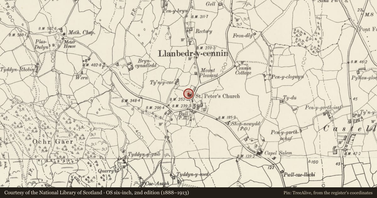 Ordnance Survey six-inch map, 2nd edition (1888–1913) covering the location of Parish Church of St Peter, Caerhun, Conwy, with a pin at the register's coordinates
