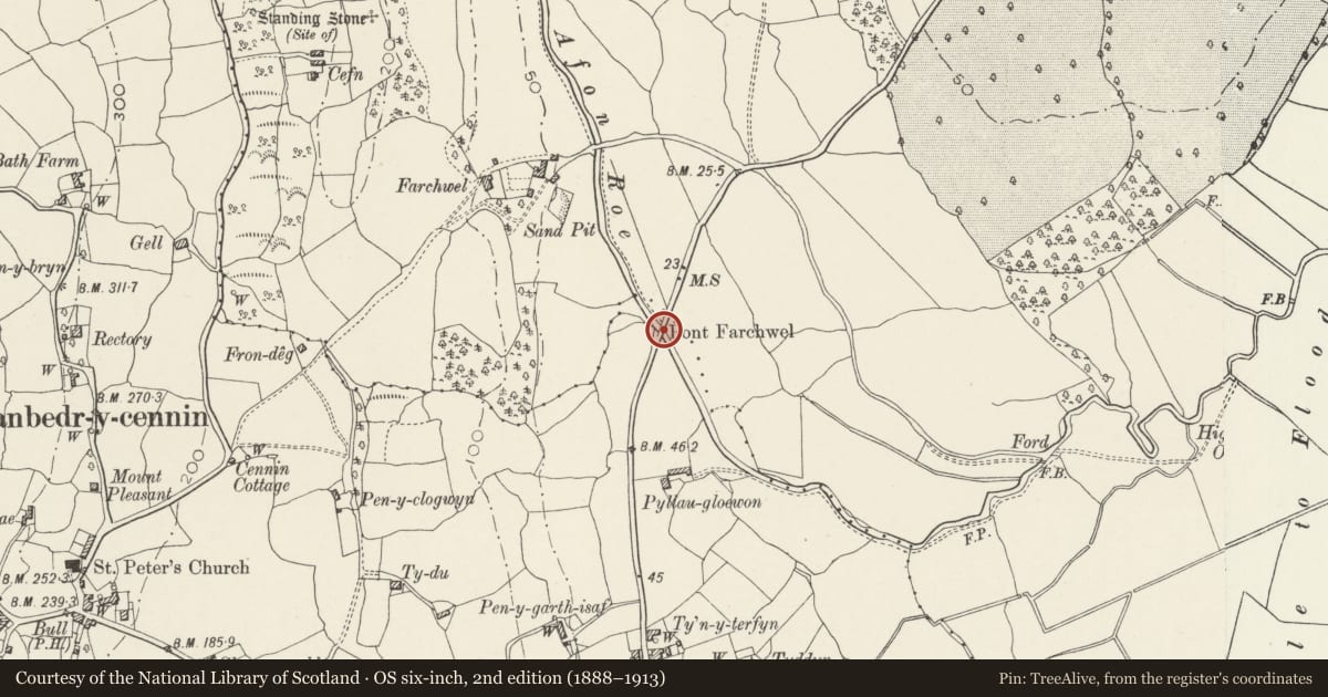 Ordnance Survey six-inch map, 2nd edition (1888–1913) covering the location of Pont Farchwel, Caerhun, Conwy, with a pin at the register's coordinates