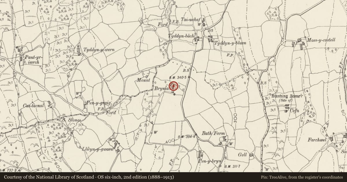 Ordnance Survey six-inch map, 2nd edition (1888–1913) covering the location of Barn at Bryniau Melynion, Caerhun, Conwy, with a pin at the register's coordinates