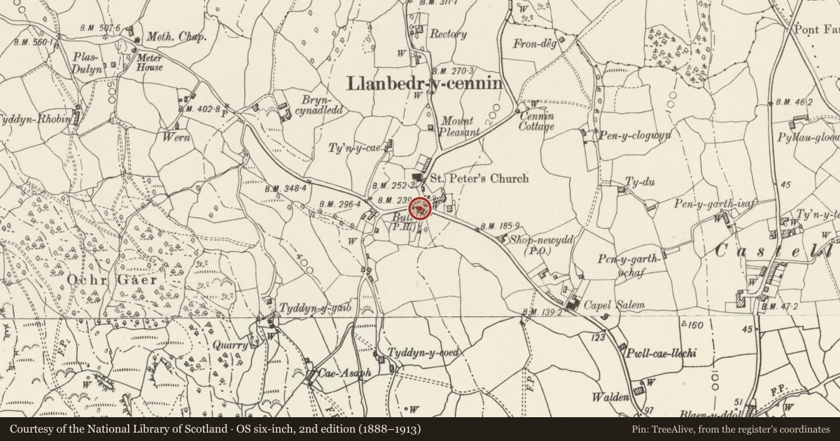Ordnance Survey six-inch map, 2nd edition (1888–1913) covering the location of Ye Olde Bull Inn, Caerhun, Conwy, with a pin at the register's coordinates