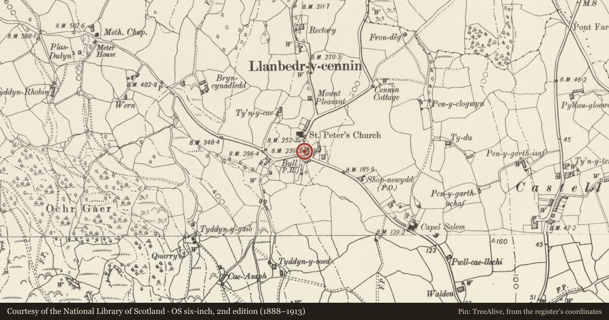 Ordnance Survey six-inch map, 2nd edition (1888–1913) covering the location of Church House, Caerhun, Conwy, with a pin at the register's coordinates