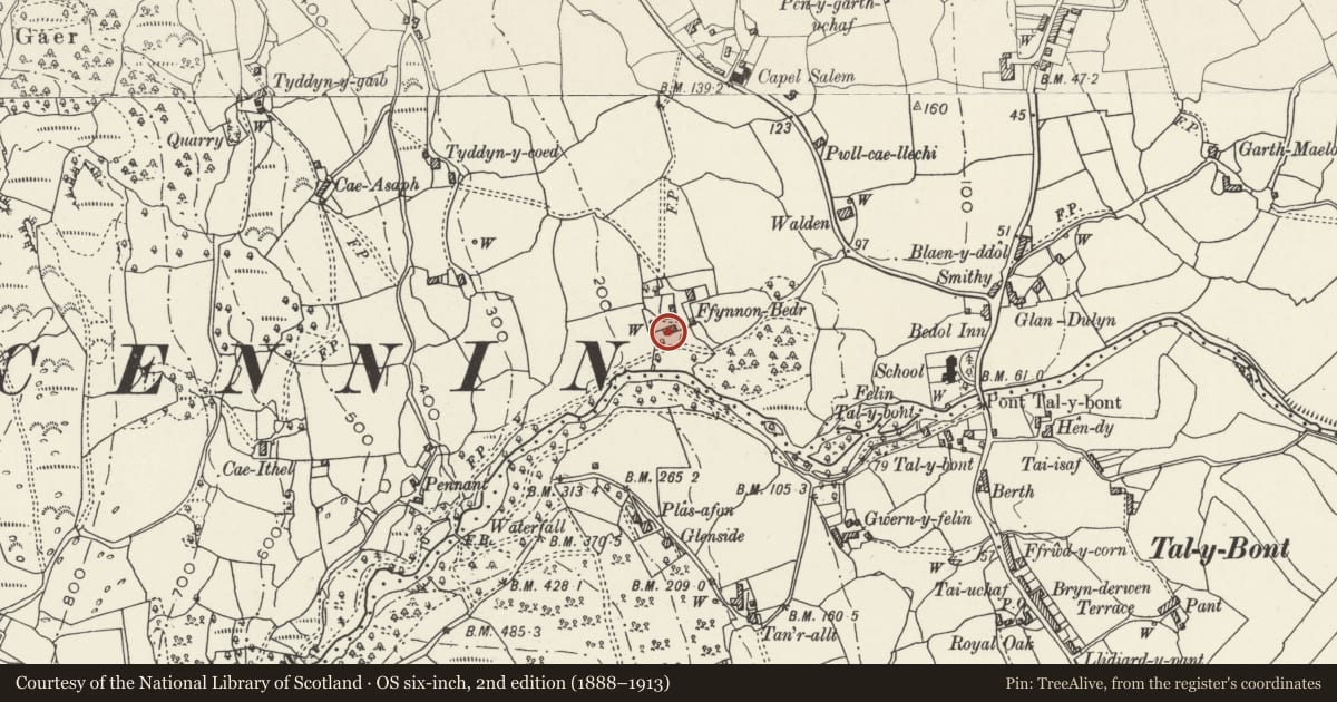 Ordnance Survey six-inch map, 2nd edition (1888–1913) covering the location of Barn at Ffynnon-Bedr, Caerhun, Conwy, with a pin at the register's coordinates