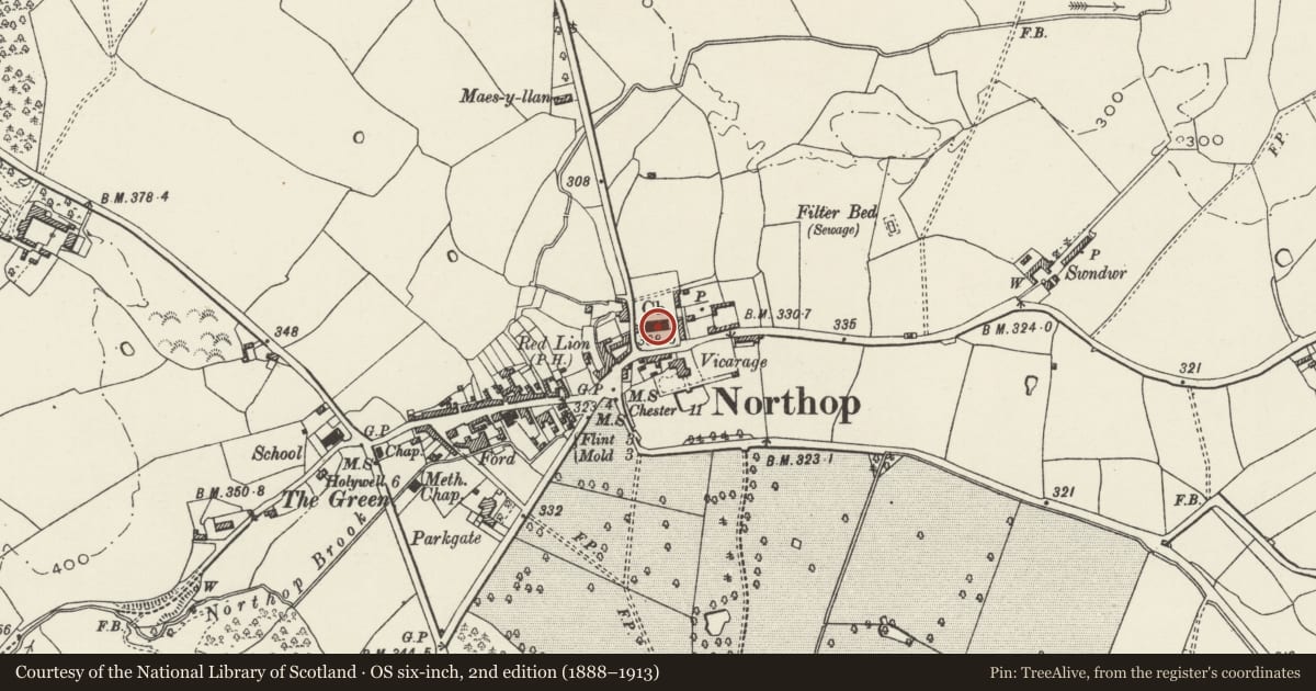 Ordnance Survey six-inch map, 2nd edition (1888–1913) covering the location of Church of St Eurgain and St Peter, Northop, Flintshire, with a pin at the register's coordinates