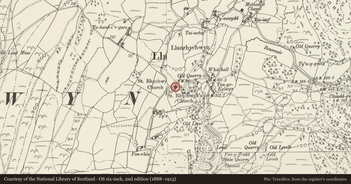 Ordnance Survey six-inch map, 2nd edition (1888–1913) covering the location of Llanrhychwyn Church, Trefriw, Conwy, with a pin at the register's coordinates