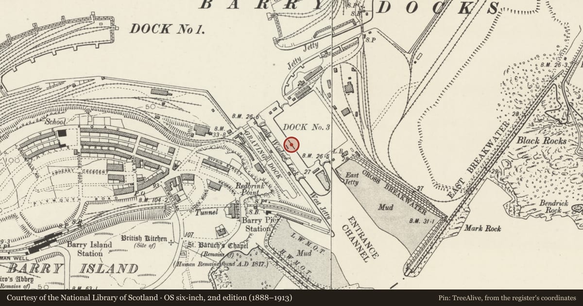 Ordnance Survey six-inch map, 2nd edition (1888–1913) covering the location of Walls of Dock Basin (Also known as No 3 Basin), Barry, Vale of Glamorgan, with a pin at the register's coordinates
