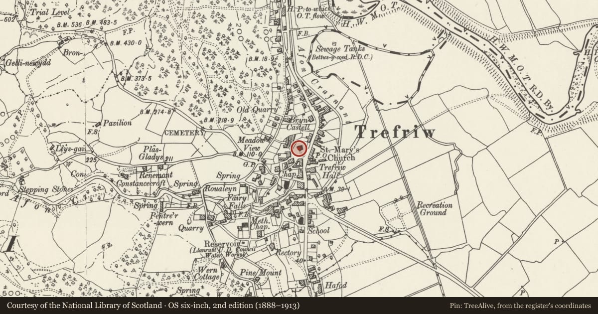 Ordnance Survey six-inch map, 2nd edition (1888–1913) covering the location of Parish Church of St. Mary, Trefriw, Conwy, with a pin at the register's coordinates