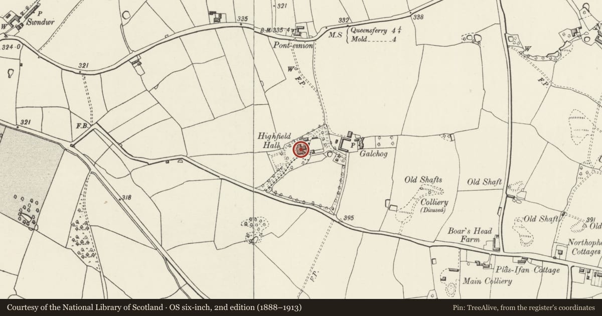 Ordnance Survey six-inch map, 2nd edition (1888–1913) covering the location of Highfield Hall, Northop, Flintshire, with a pin at the register's coordinates