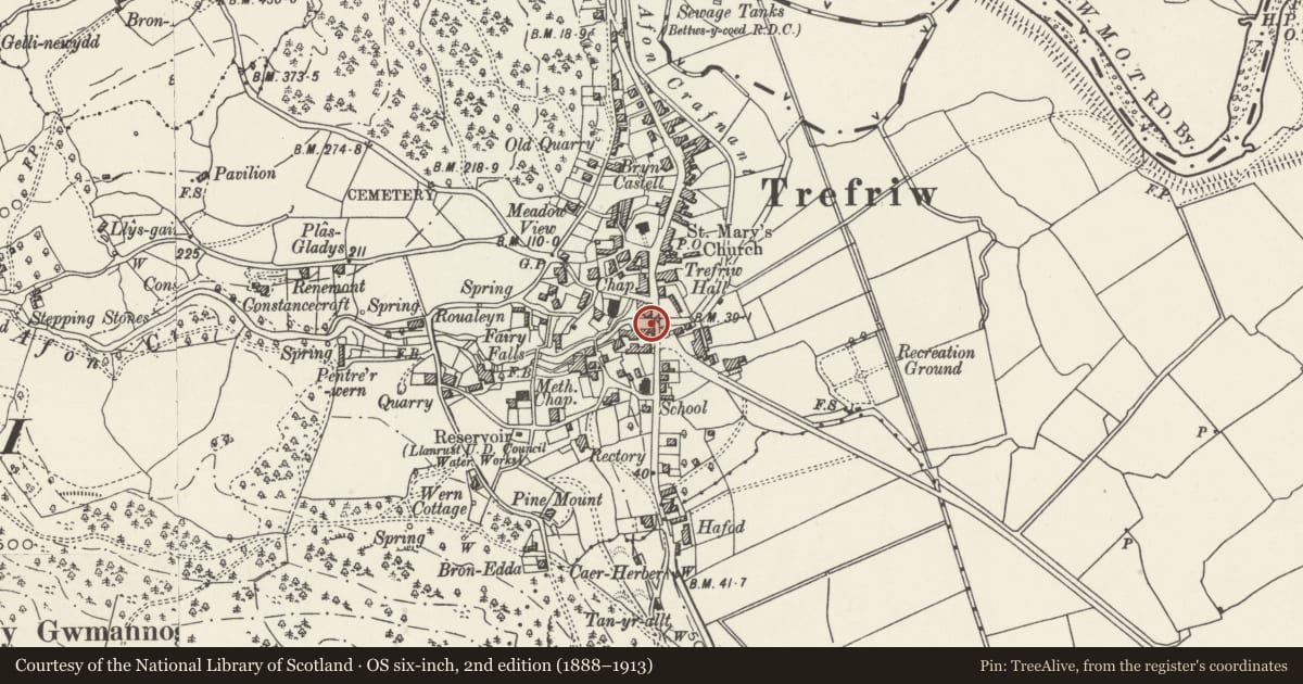 Ordnance Survey six-inch map, 2nd edition (1888–1913) covering the location of Pont Trefriw, Conwy, with a pin at the register's coordinates