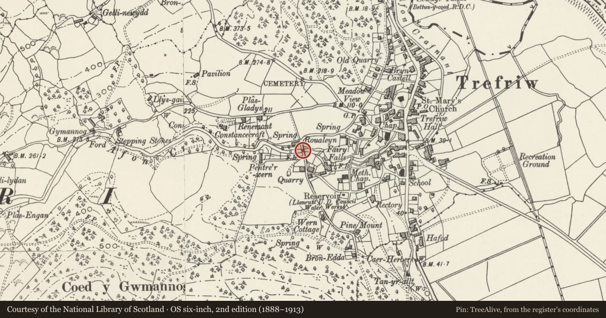 Ordnance Survey six-inch map, 2nd edition (1888–1913) covering the location of Pont-y-Pandy, Trefriw, Conwy, with a pin at the register's coordinates