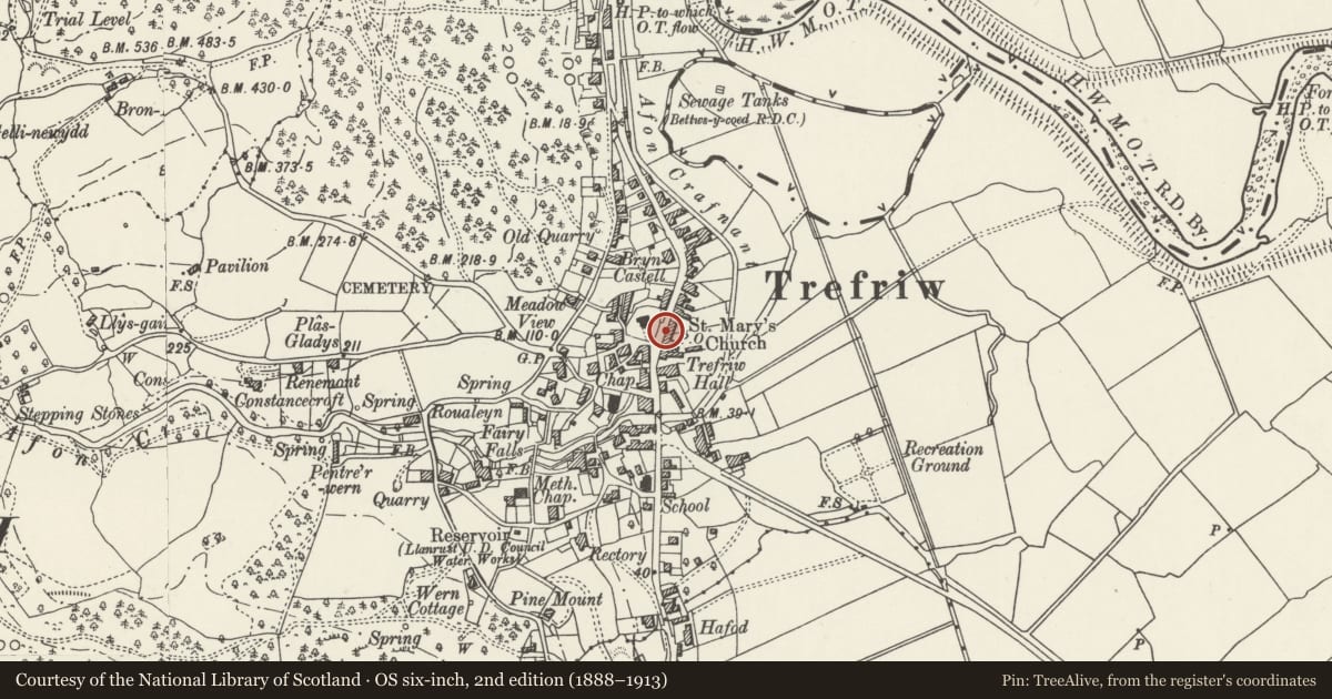 Ordnance Survey six-inch map, 2nd edition (1888–1913) covering the location of Tan-yr-Yw, Trefriw, Conwy, with a pin at the register's coordinates