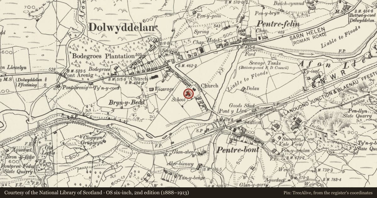 Ordnance Survey six-inch map, 2nd edition (1888–1913) covering the location of The Chocolate House (Formerly Church Hall), Dolwyddelan, Conwy, with a pin at the register's coordinates