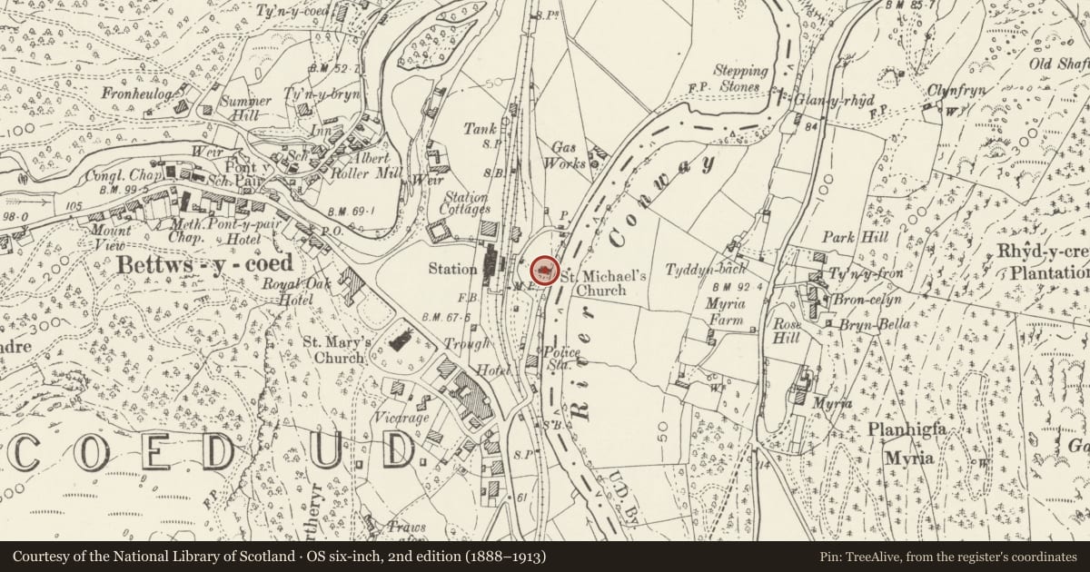 Ordnance Survey six-inch map, 2nd edition (1888–1913) covering the location of St Michael's Church, Betws-y-Coed, Conwy, with a pin at the register's coordinates