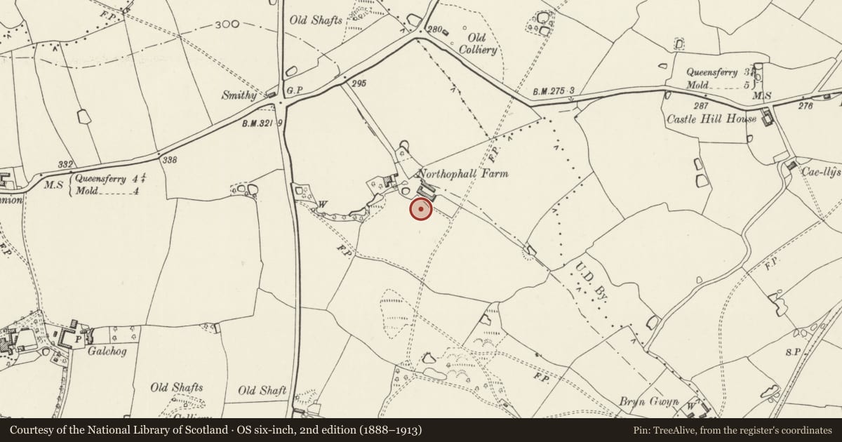Ordnance Survey six-inch map, 2nd edition (1888–1913) covering the location of Northop Hall Farm (Llaneurgain), Flintshire, with a pin at the register's coordinates