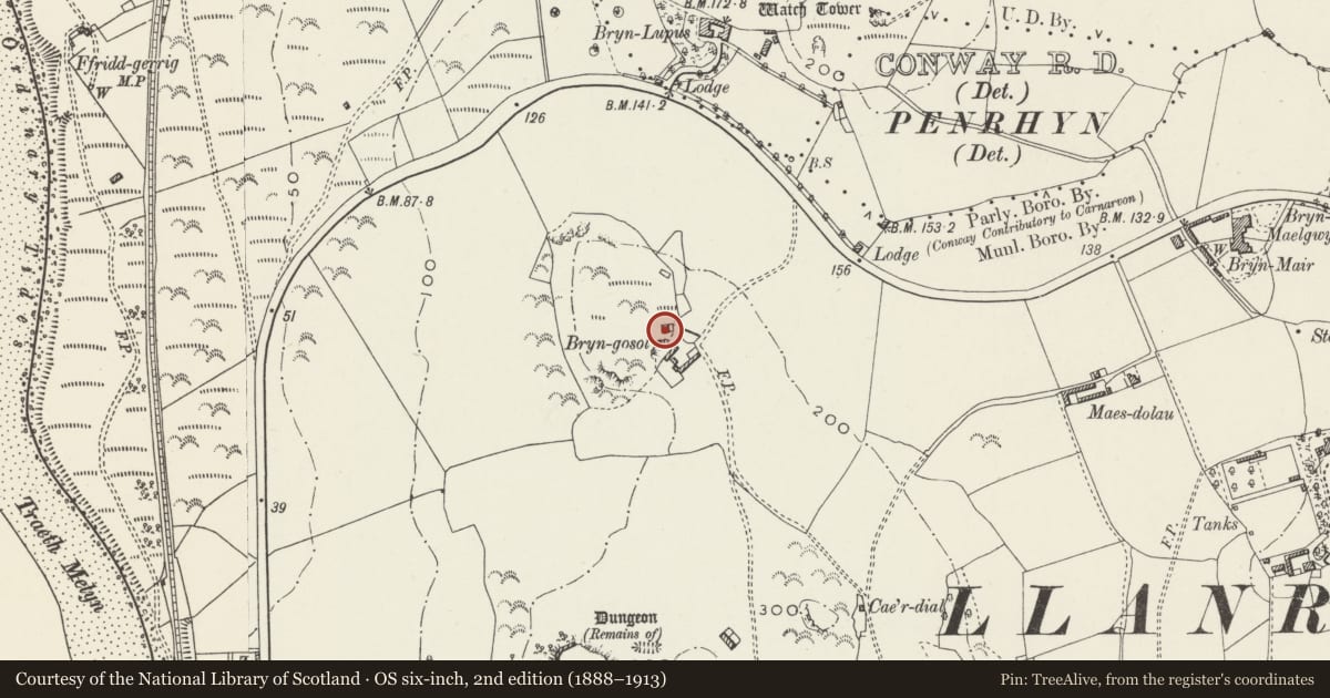Ordnance Survey six-inch map, 2nd edition (1888–1913) covering the location of Bryn Gosal, Conwy, with a pin at the register's coordinates